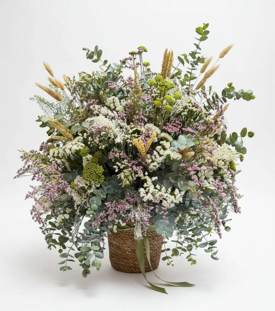 centro de flores secas con lavanda espiga y estatis en colores claros con toque de eucalipto natural sobre una base de cesta de mimbre marron, en un fondo de estudio blanco