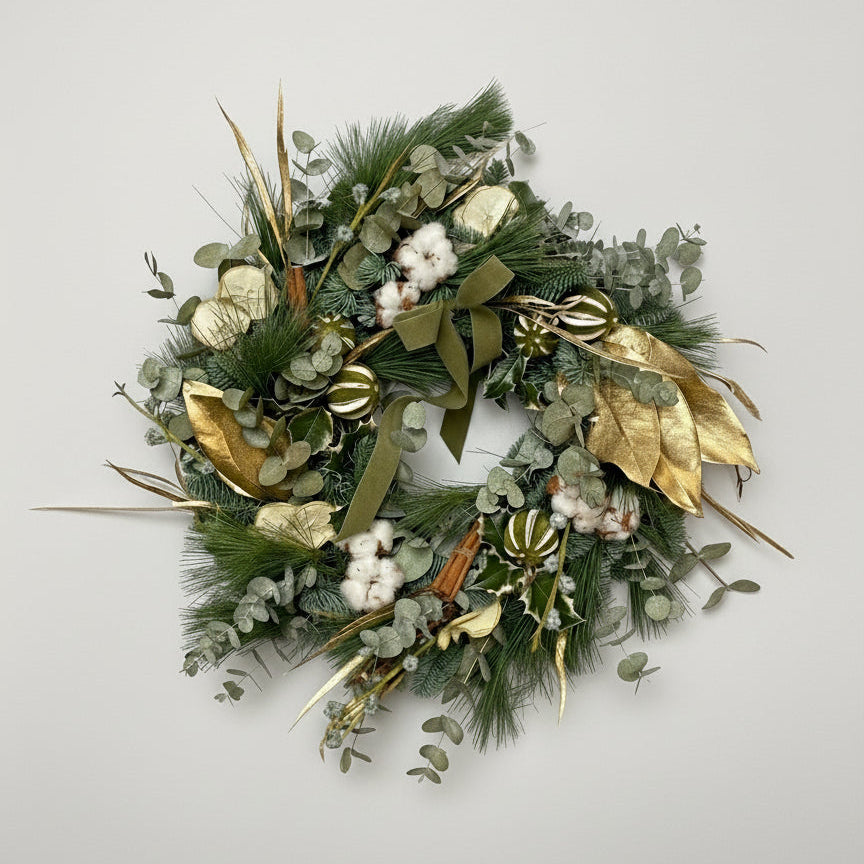 Corona de abeto natural navideño en color verdes y toques blancos y dorados. complemento de algodón y frutos deshidratados con aromas cítricos y canela.