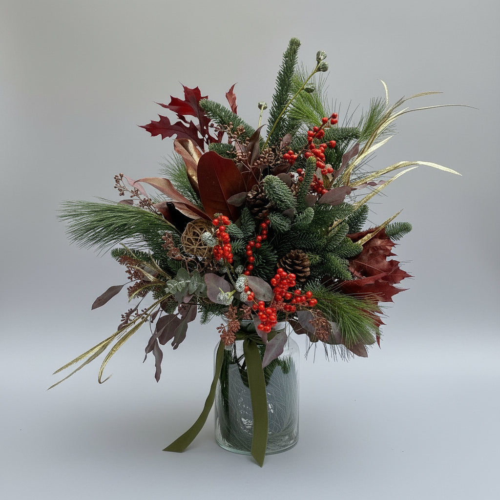 Ramo navideño con abeto y pino natural y tuques dorados, lleva frutos del acebo en color rojo, va sobre un jarrón de cristal trasparente atado con una cinta verde musgo