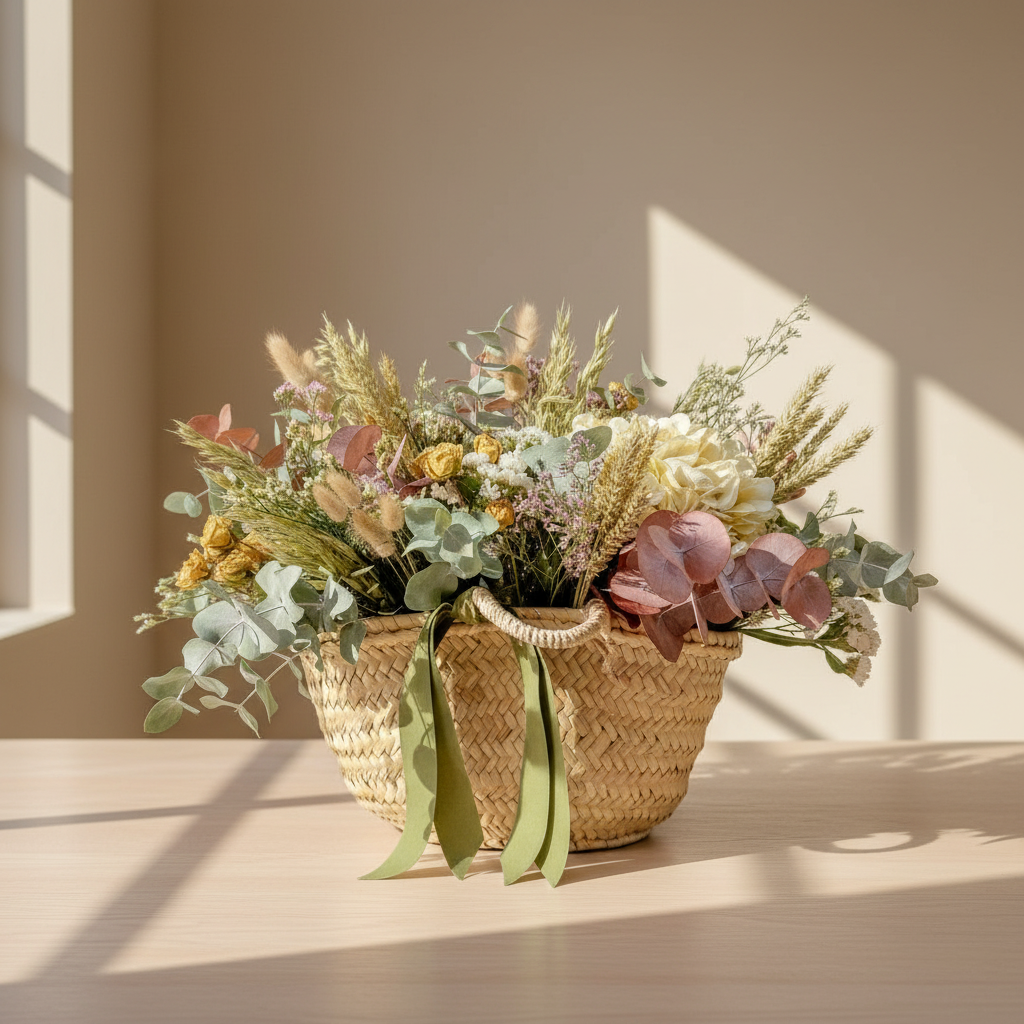 cesto de flores secas en color blancos y verdes de eucalipto y flores de campo preservadas sobre una base de mimbre beiges con cinta de terciopelo verde botella