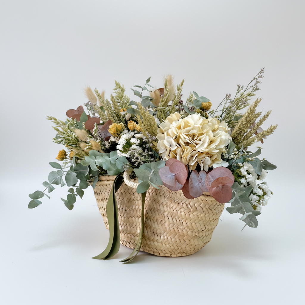 cesto de flores secas en color blancos y verdes de eucalipto y flores de campo preservadas sobre una base de mimbre beiges con cinta de terciopelo verde botella