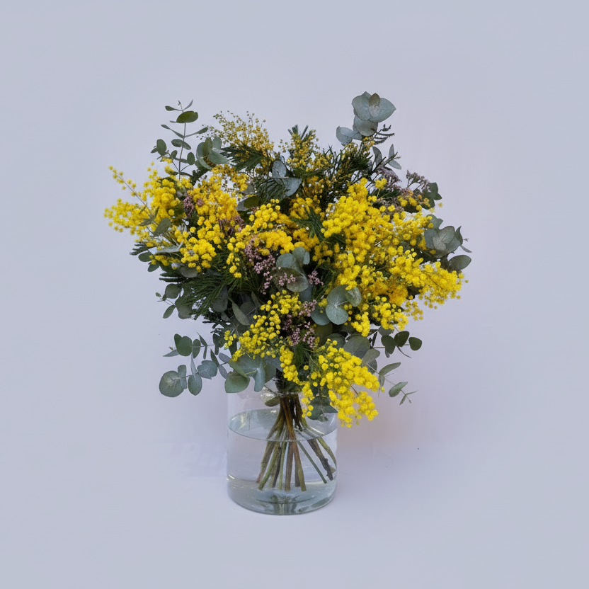 ramo de mimosa y limonium rosa 