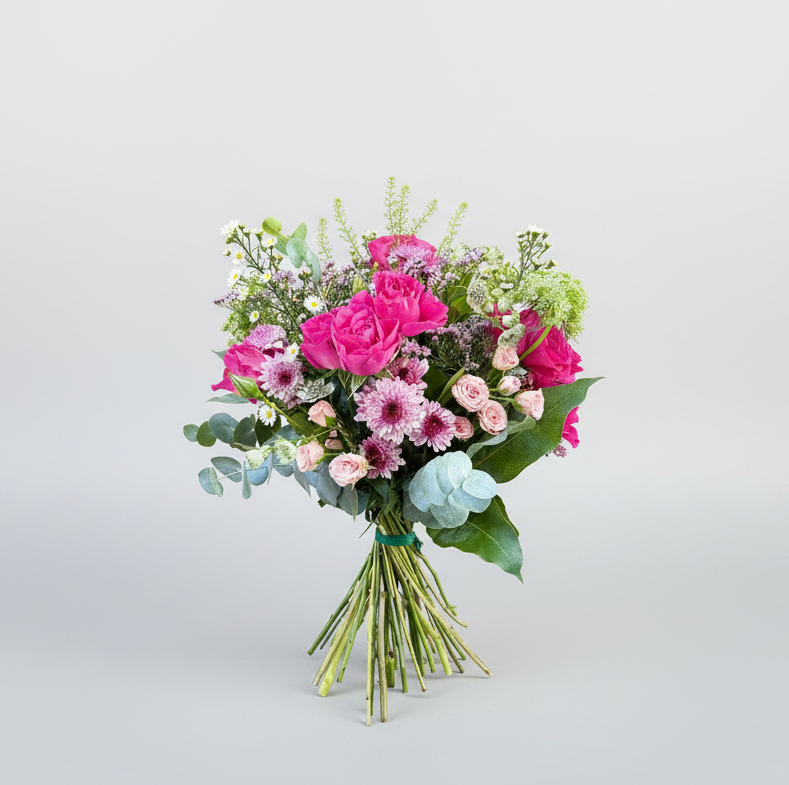 ramo de flores naturales en colores fucsias y rosas claros, con toque de flores silvestres naturales y verdes de eucalipto natural. atado con una rafia en color verde.